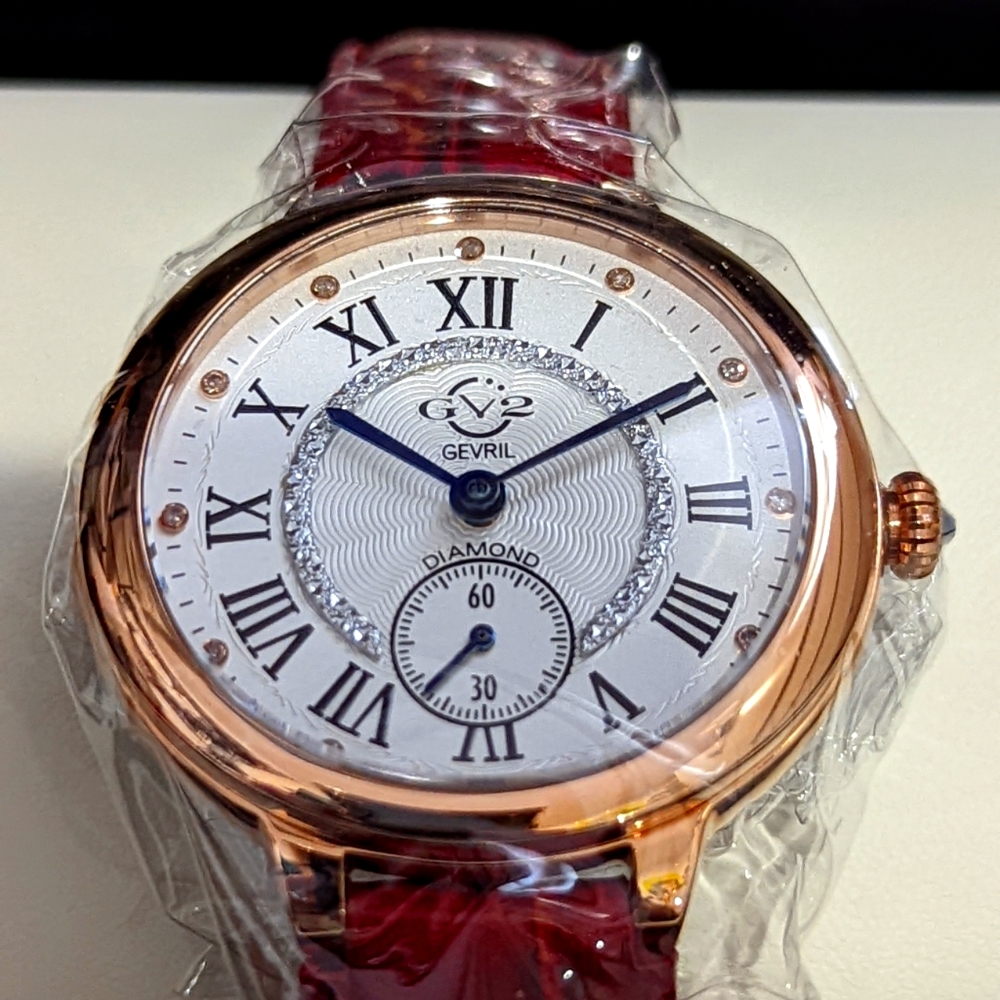 GV2 Gevril diamond ladies watch red leather band. Mother's day gift.